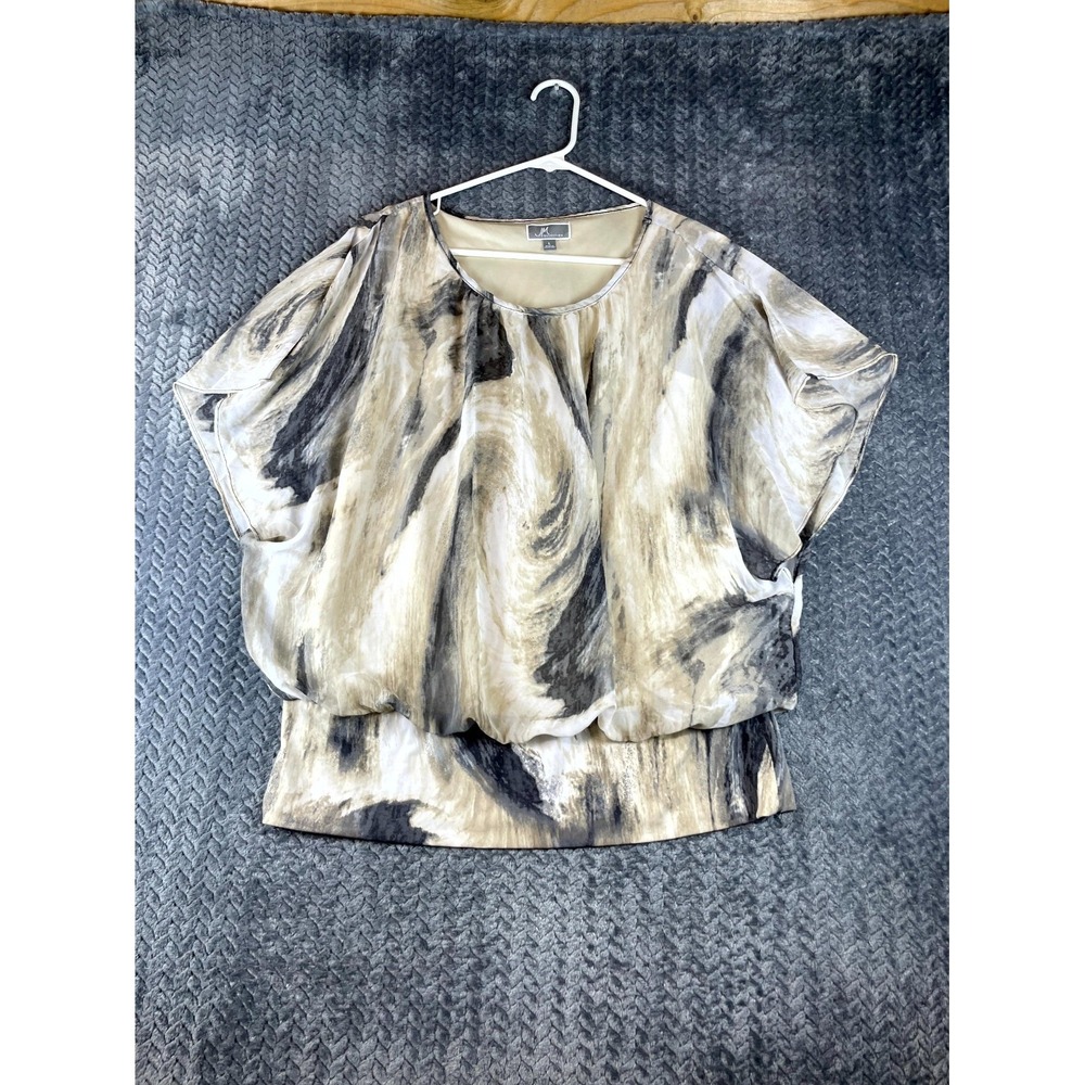 JM Collection Blouse Womens Large Gray Brown Marble Swirl Print Banded Hem